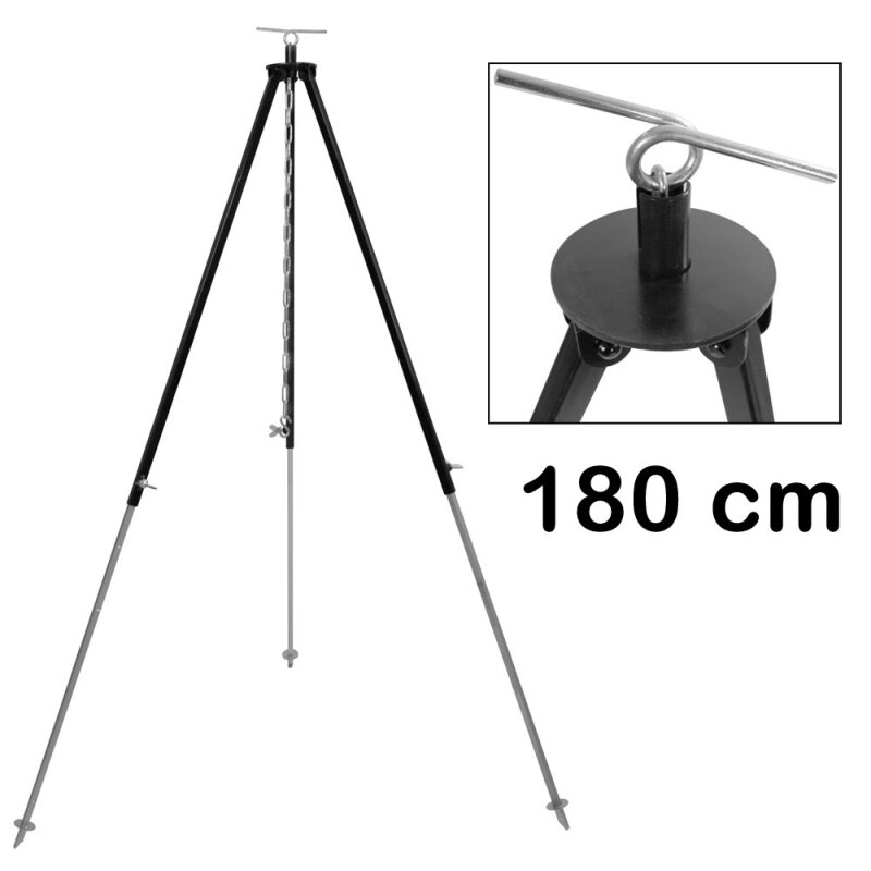 180 cm mit Kettenhöhenverstellung durch Kettenzug Grillplanet Dreibein Gestell für Gulaschkessel und Schwenkgrill ca 